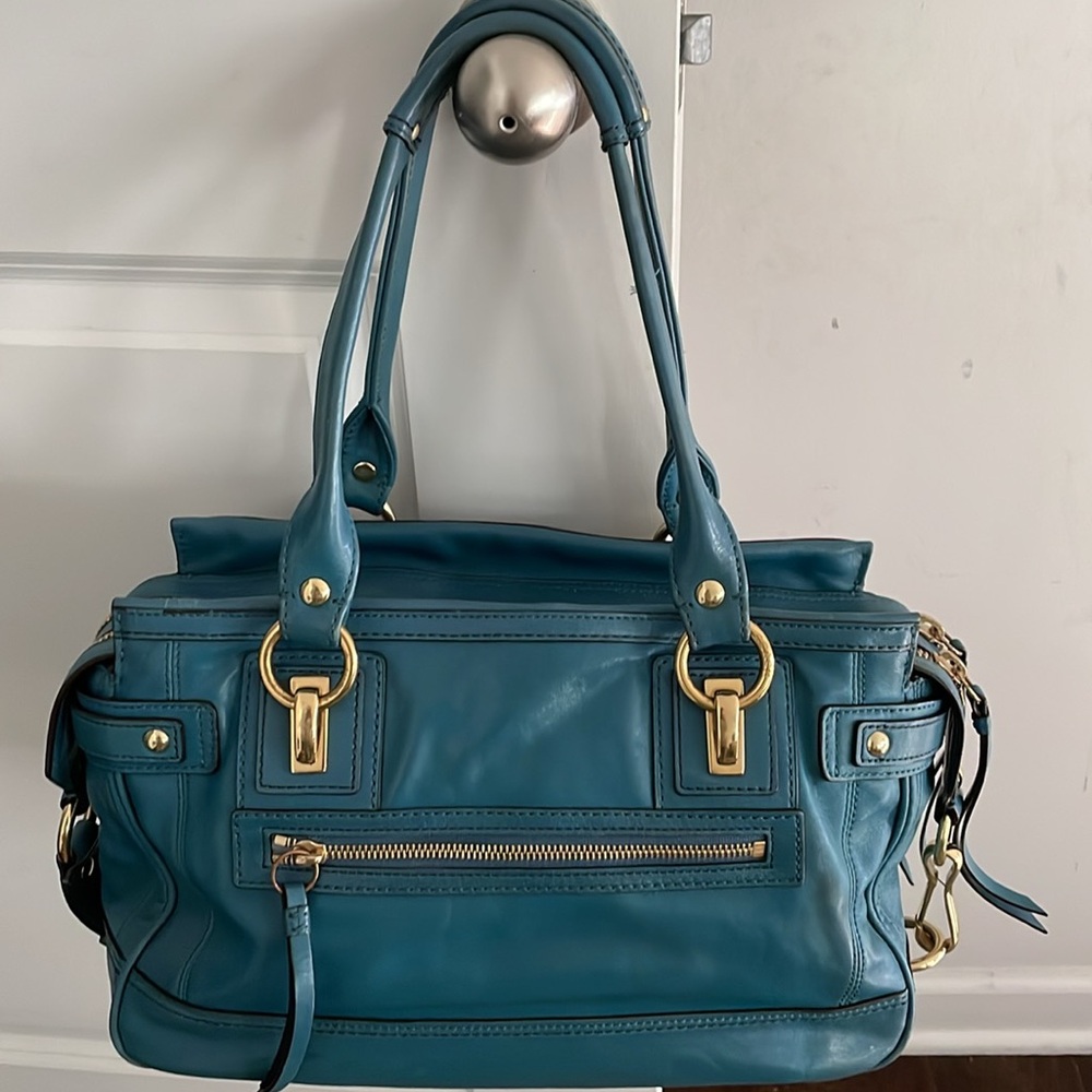 Coach Hampton Lindsay Satchel F12475 Teal Medium Size Structured Pockets Galore - Picture 3 of 16